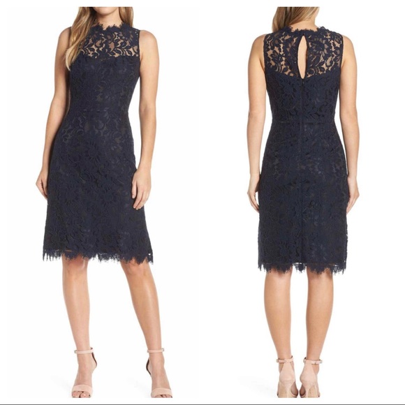 eliza j high neck lace sheath dress